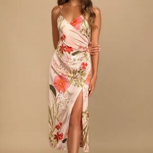 Lulu's Pink Floral Satin Midi Dress with Side Slit